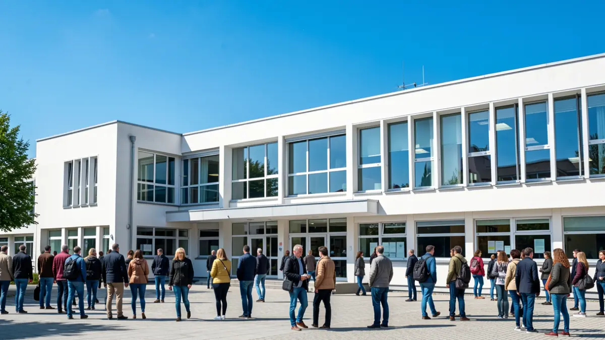 Imagen genérica de un edificio escolar moderno con grandes ventanales.
