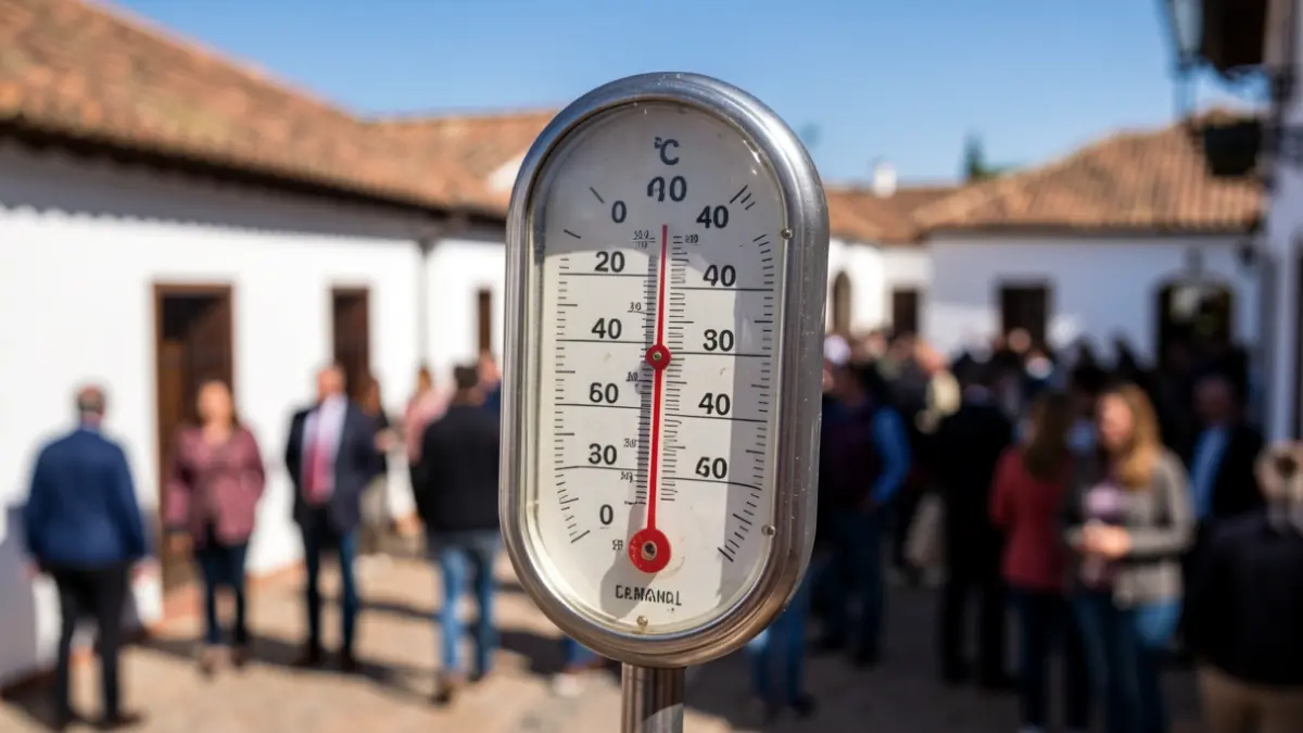 Termómetro marcando más de 40 grados con arquitectura andaluza de fondo.