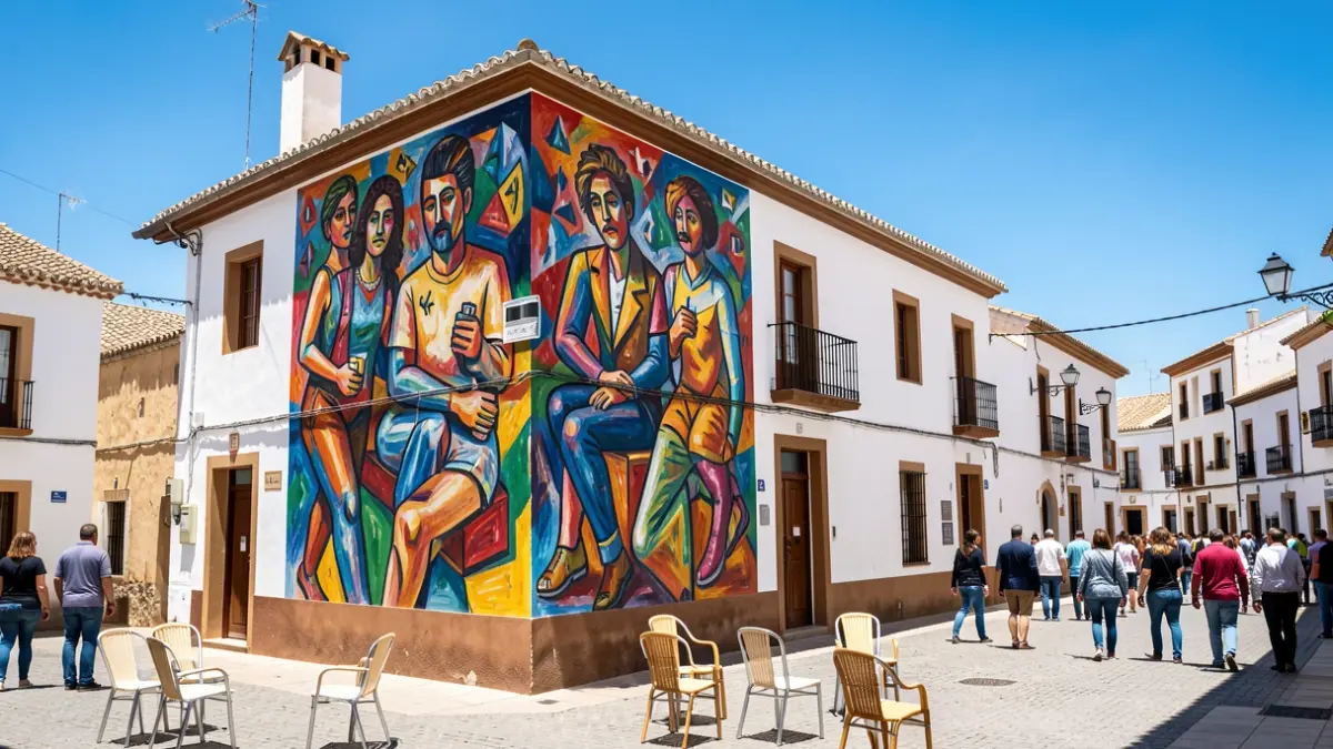 Mural de arte urbano en la fachada de un edificio en una plaza de un pueblo andaluz.