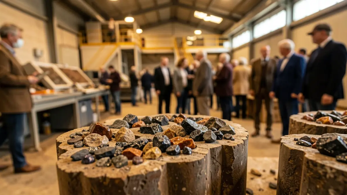 Muestras de núcleos geológicos con minerales de tierras raras en primer plano, con un fondo borroso de una instalación de investigación minera en Andalucía.