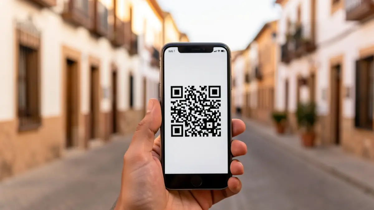 Mano sujetando un móvil con un código QR, con fondo urbano de Jaén.