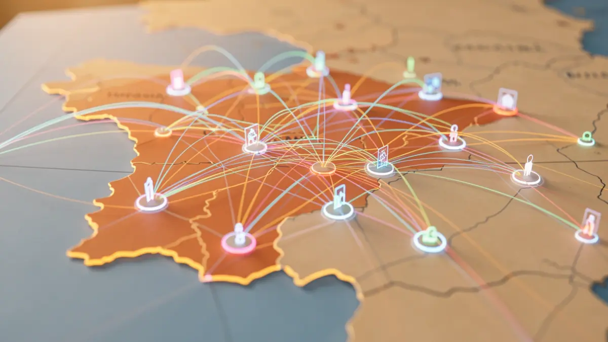 Abstract representation of a digital tourism platform with interconnected nodes over a map of Andalusia.