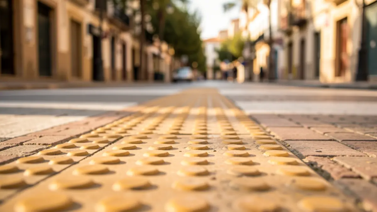 Detalle de pavimento podotáctil en una acera de Jaén, señalando un antiguo paso de peatones.