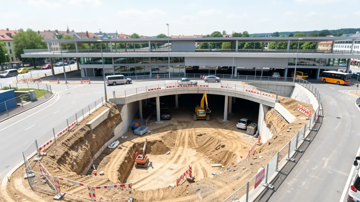 Vista aérea de la construcción de un aparcamiento subterráneo bajo la estación de autobuses de Jaén.