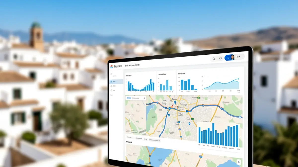 Interfaz digital de una plataforma inteligente de destino con datos y mapas, con un paisaje andaluz desenfocado al fondo.