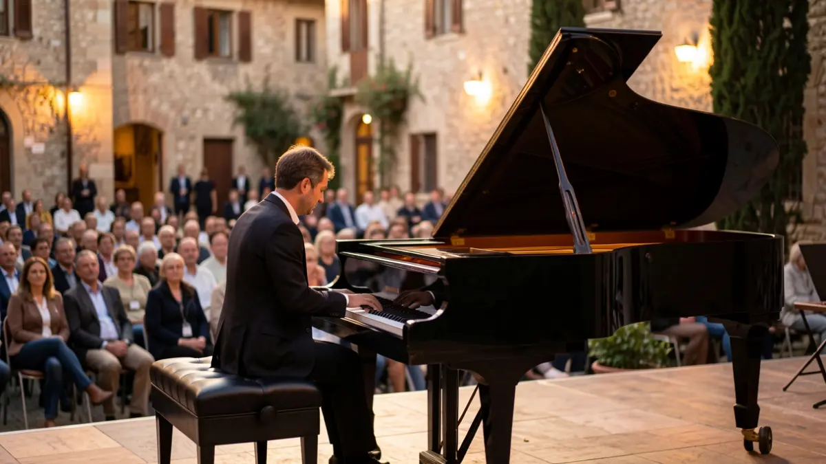 Musician playing piano in a museum courtyard.