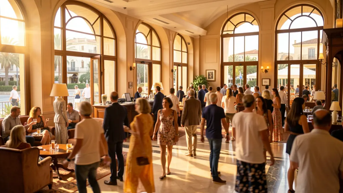 Panoramic view of a bustling hotel lobby in a Mediterranean city during peak tourist season.