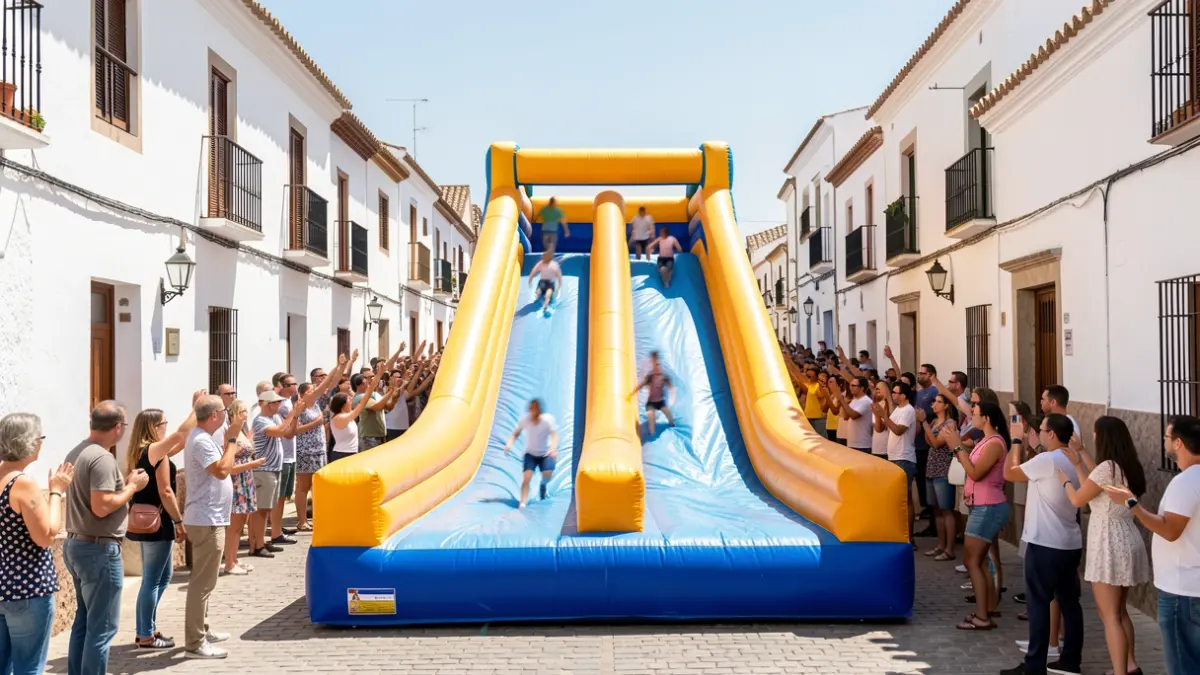 Giant water slide in a street in Jimena de la Frontera during the August Fair.