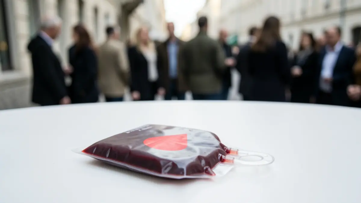 Bolsa de donación de sangre con el símbolo de una gota roja.