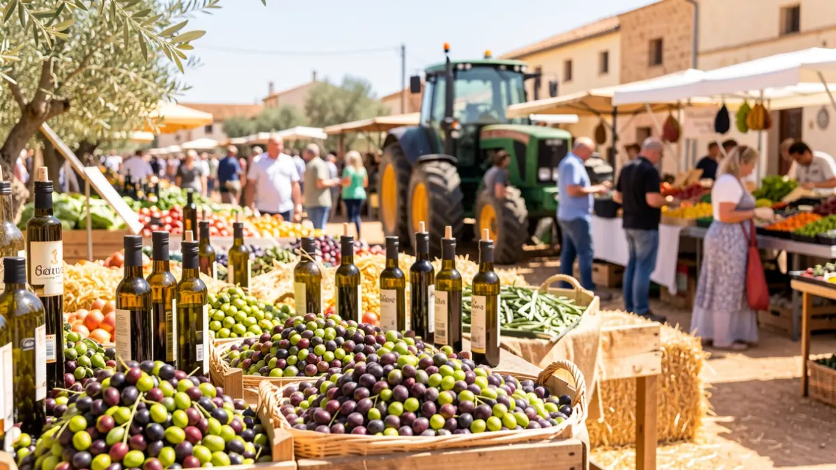 Image of an agricultural fair in Andalusia with exhibitors of olives, oil, and machinery.