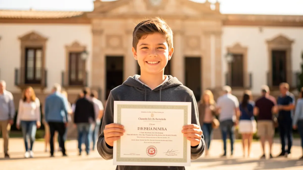 Generic image of an awarded student in front of an Andalusian town hall.