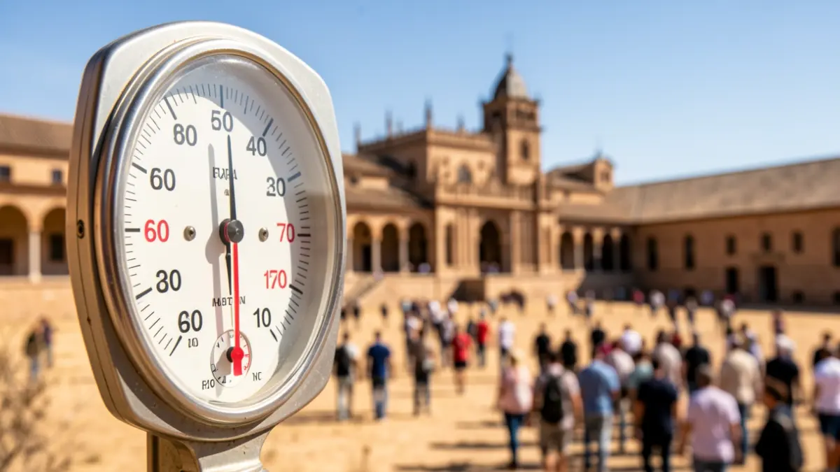 Termómetro marcando alta temperatura con la Mezquita de Córdoba de fondo.