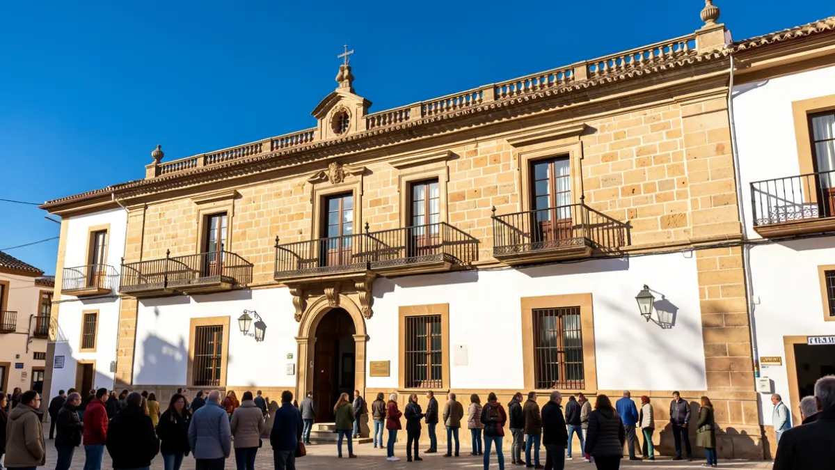 Fachada de un ayuntamiento andaluz con balcones de hierro y paredes blancas bajo el sol de la tarde.