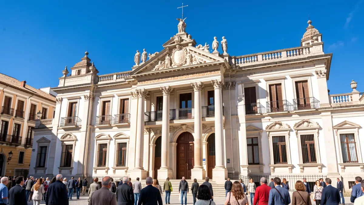 Facade of an Andalusian courthouse with classical details and intense sunlight.