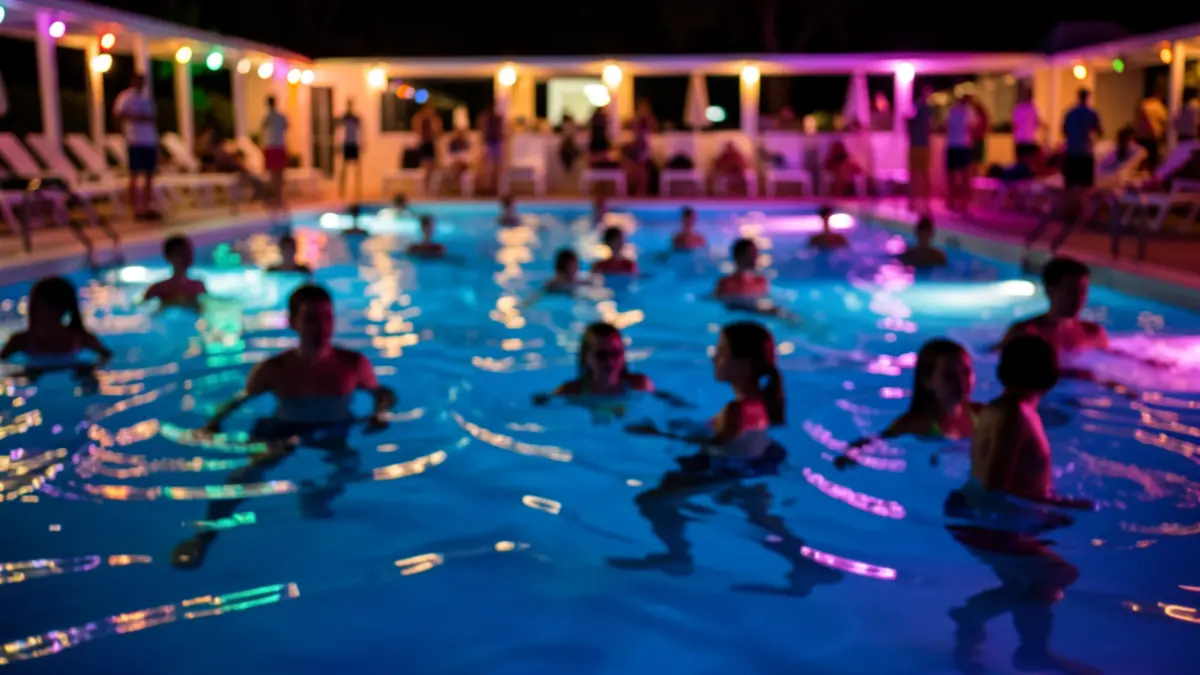 Generic image of a municipal swimming pool at night with young people enjoying it.
