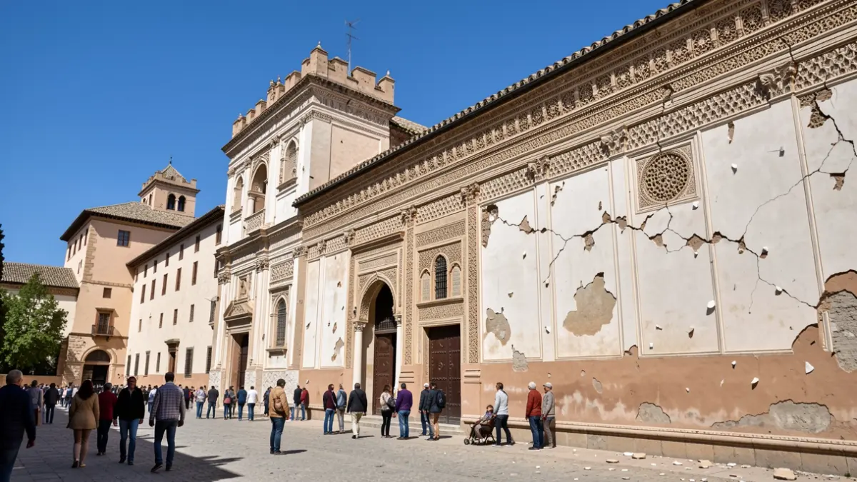Detalles de yesería de la Alhambra con pequeñas grietas y piezas caídas tras los terremotos.