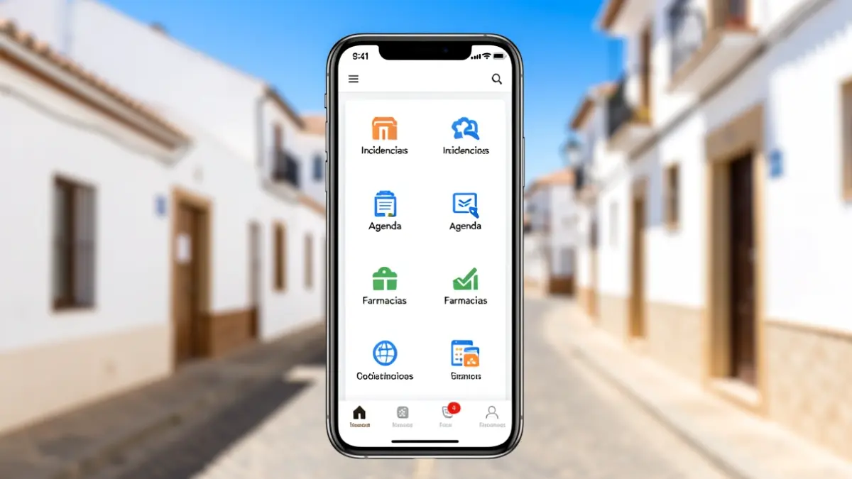 Pantalla de móvil con la app municipal de Baza mostrando servicios y notificaciones.