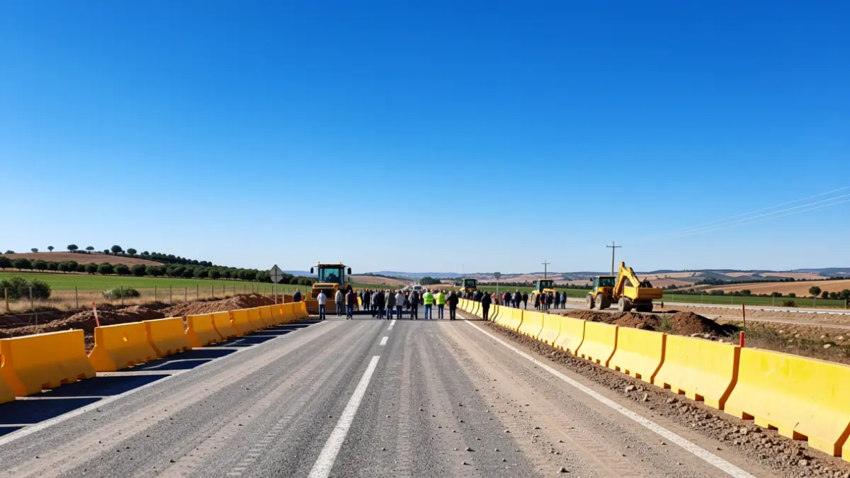 Imagen de la autovía A-32 en construcción, mostrando tramos inacabados y maquinaria en un paisaje rural andaluz bajo un sol intenso.