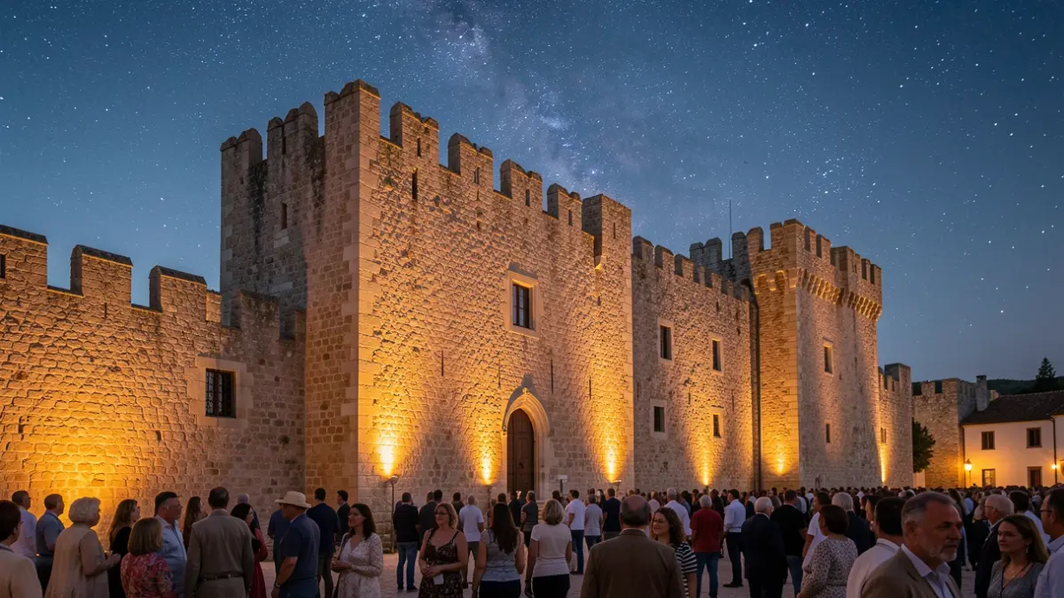 Fachada del Castillo de Iznájar al atardecer, con luces cálidas y cielo estrellado.