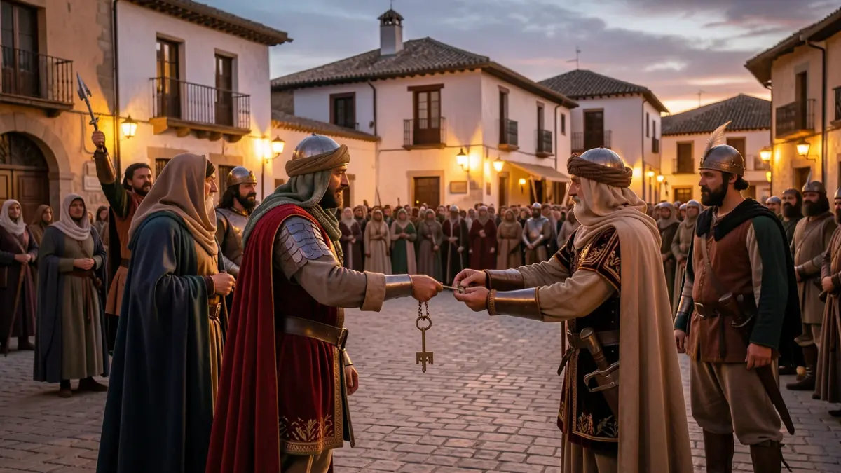 Historical reenactment of the handover of the city keys in Málaga's Aduana Square.