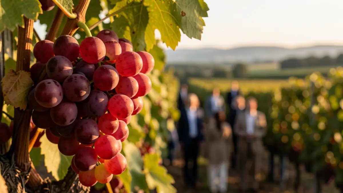 Close-up of ripe red grapes on a vine, with a blurred vineyard in the background under the afternoon sun.
