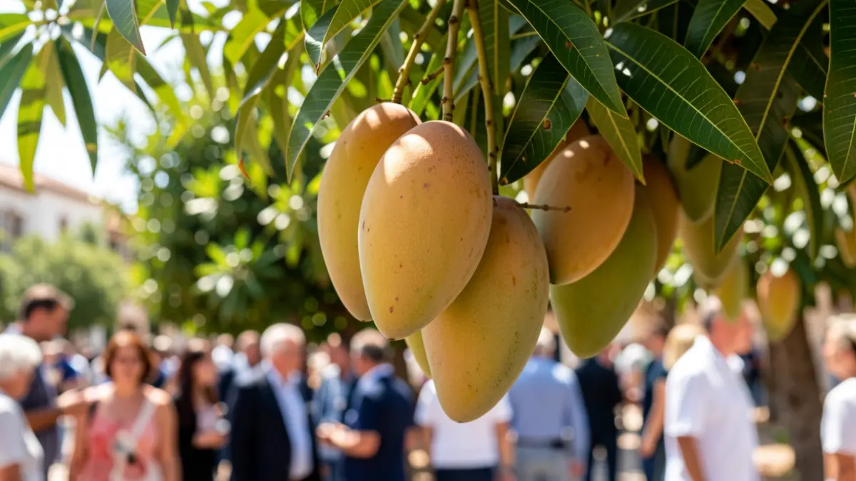 Mangos maduros en una rama de árbol en la Costa Tropical de Granada.
