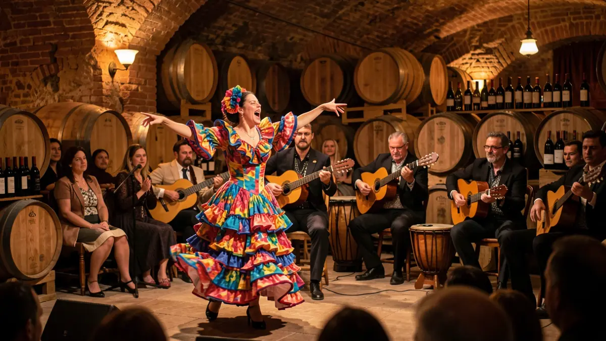 Imagen de una actuación de flamenco con bailaora, cantaor y músicos, rodeados de elementos de vendimia.