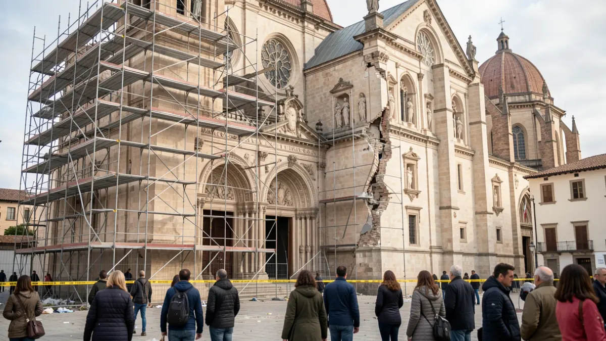 Fachada de la Catedral de Granada con precauciones por daños sísmicos.