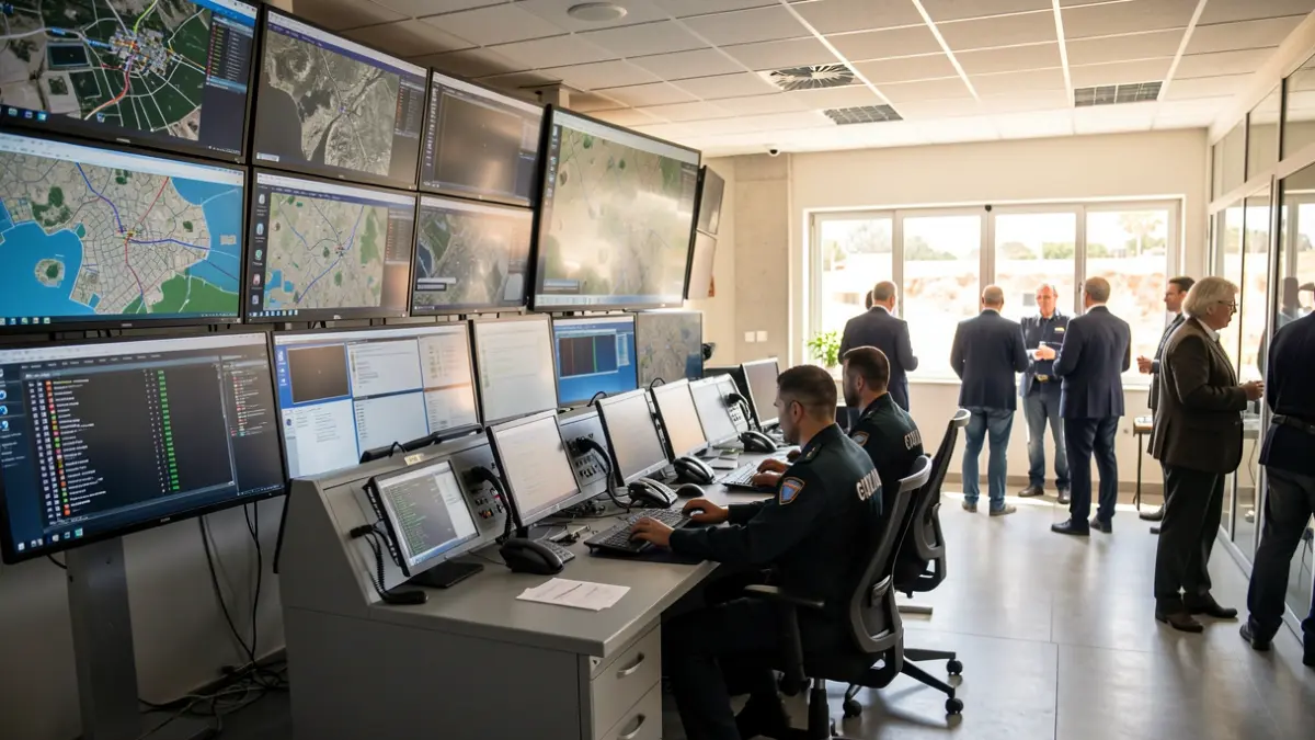 Imagen del centro de operaciones de la Guardia Civil en Almería, con pantallas y personal coordinando servicios.