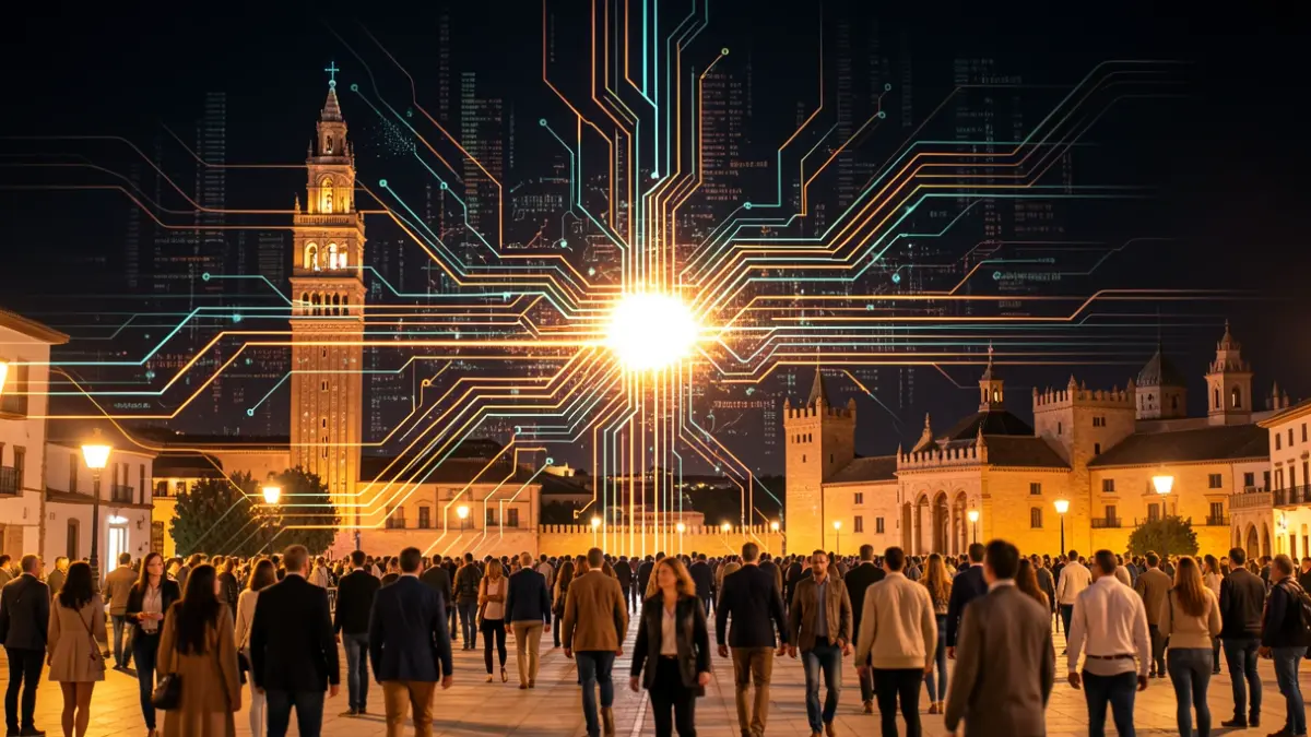 Representación abstracta del crecimiento de la cibercriminalidad en Sevilla, con circuitos digitales y datos.