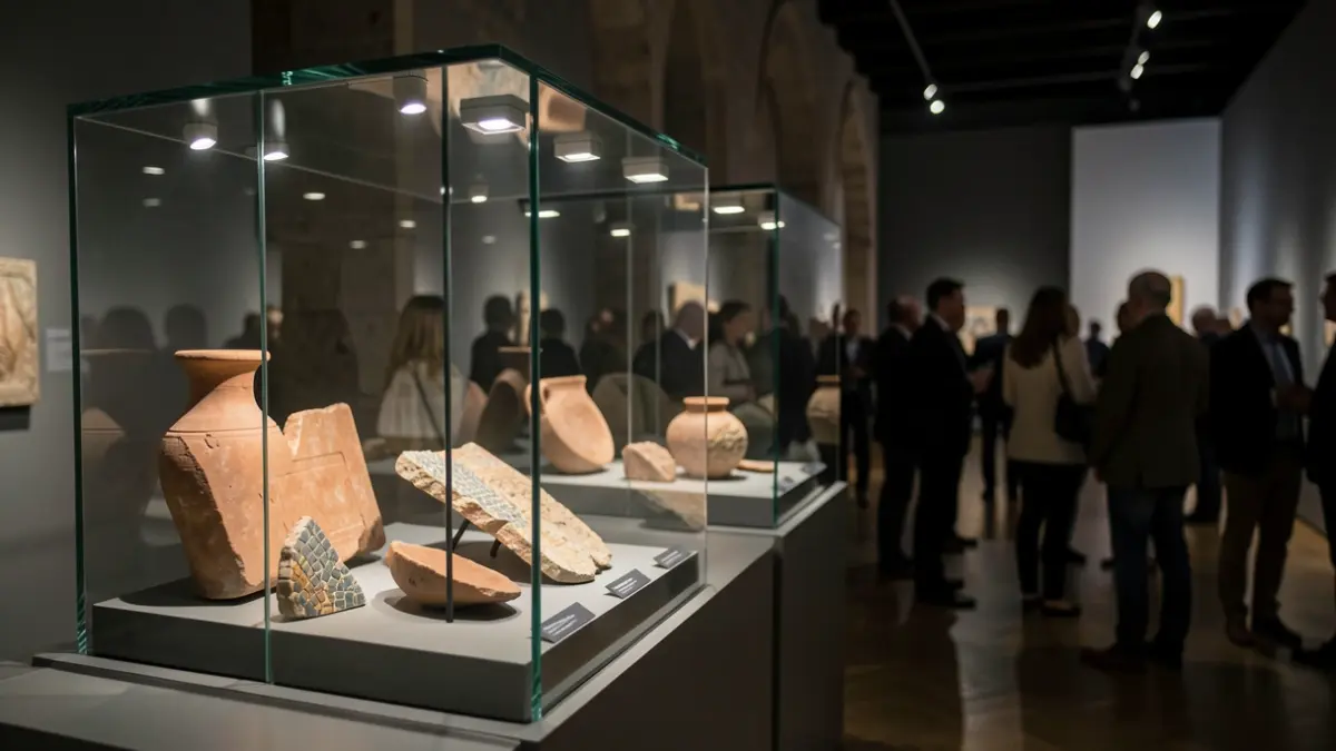 Imagen genérica de artefactos de la antigua Roma expuestos en vitrinas.