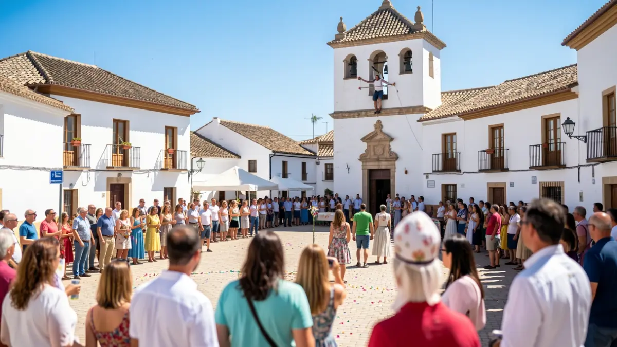 Image of the Diablilla descending from the church tower in Montoro during the festivities.