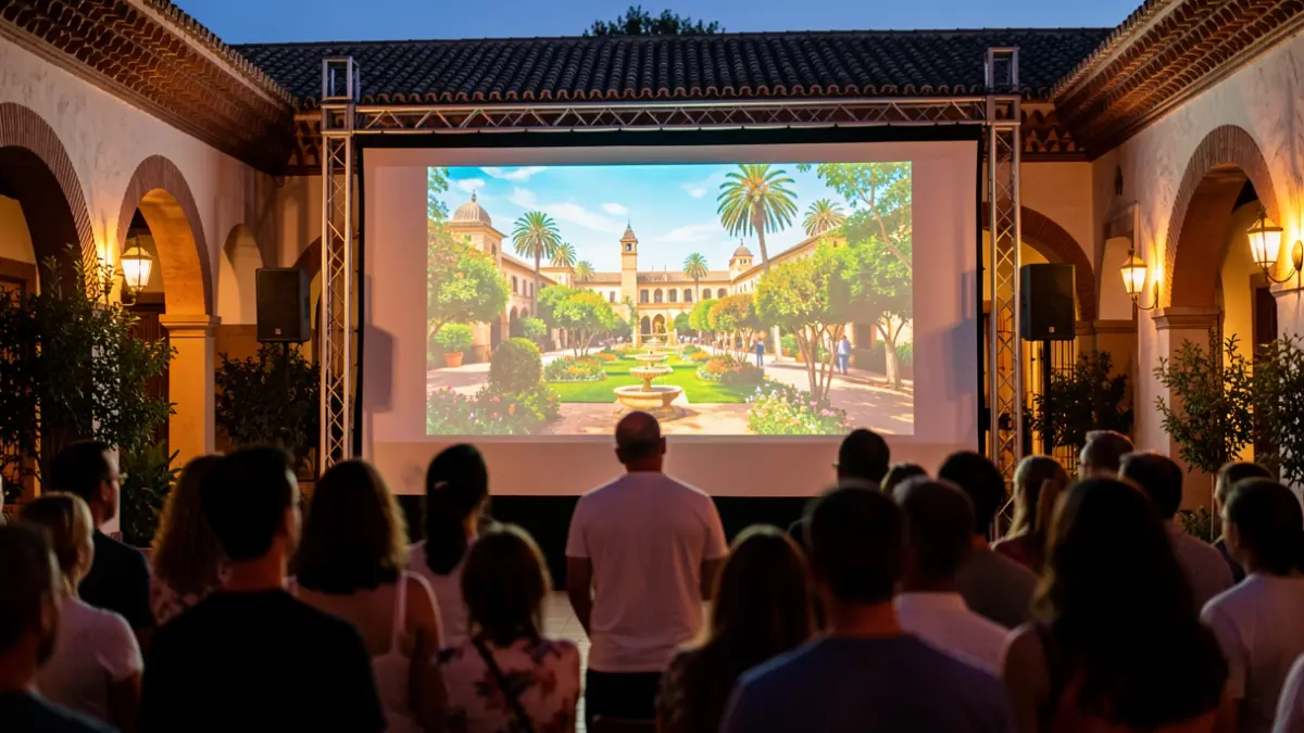 Pantalla de cine de verano al aire libre en un patio andaluz al atardecer.
