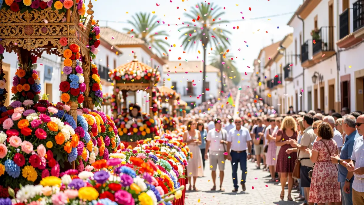 Imagen de la Batalla de Flores en la Feria de Almería, con carrozas y pétalos de flores volando.