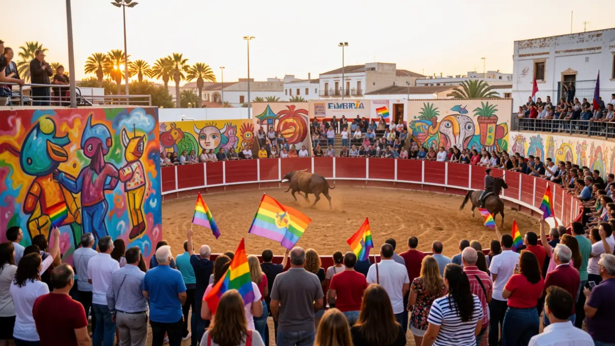 Imagen de la Feria de Almería con elementos taurinos, arte urbano y celebración del Orgullo.