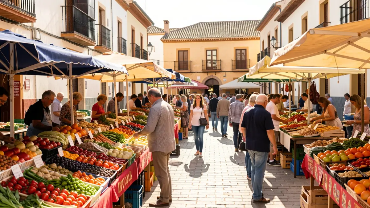 Generic image of an outdoor gastronomic market in an Andalusian square.