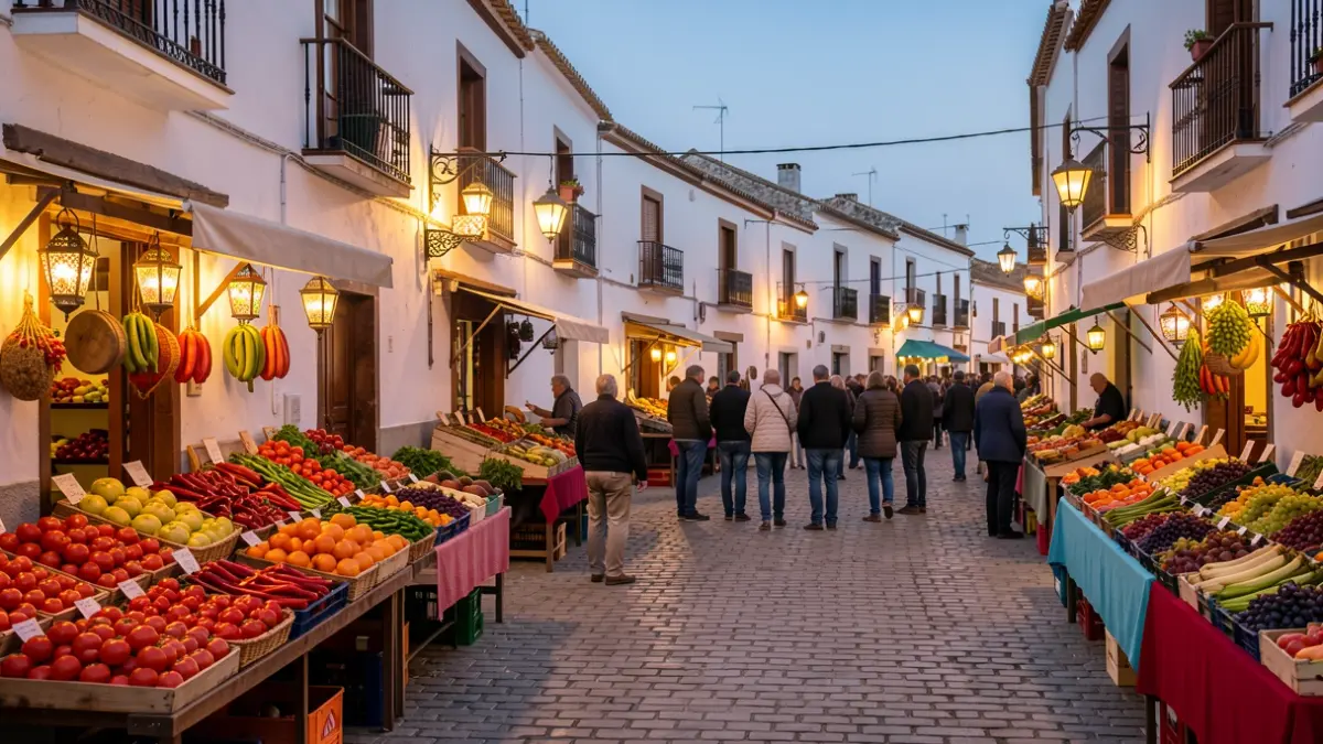 Imagen genérica de un mercado agrícola en un pueblo andaluz al atardecer.