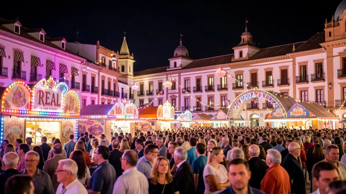Imagen de la Feria de Málaga de noche, con luces y ambiente festivo.