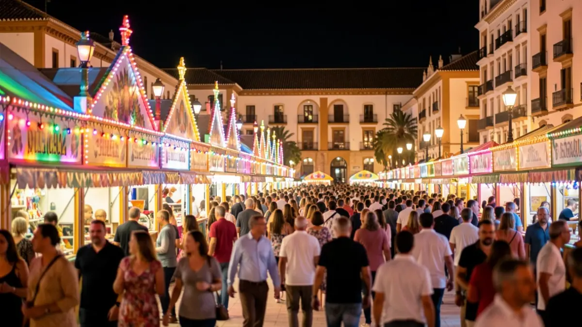 Generic image of the Feria de Málaga at night, with lights and festive atmosphere.