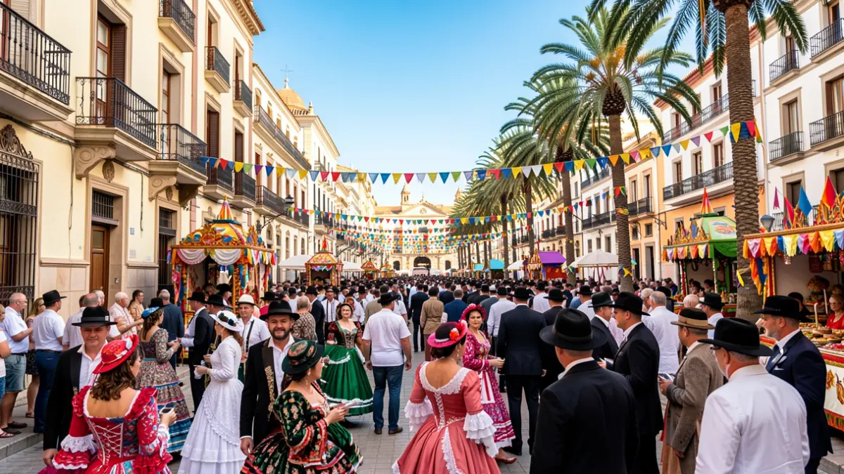 Festive atmosphere in the Historic Center of Málaga during the Feria, with people in flamenco dresses and colorful decorations.