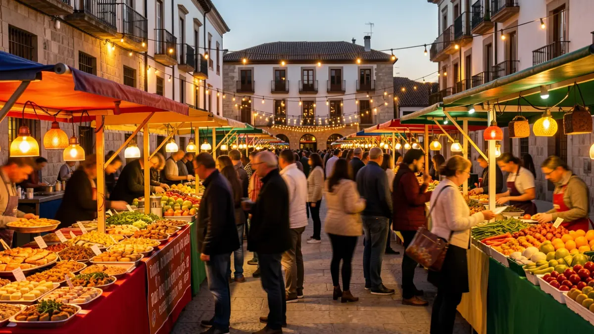 Imagen genérica de un festival gastronómico al aire libre en una plaza andaluza al atardecer, con puestos de comida y gente disfrutando.