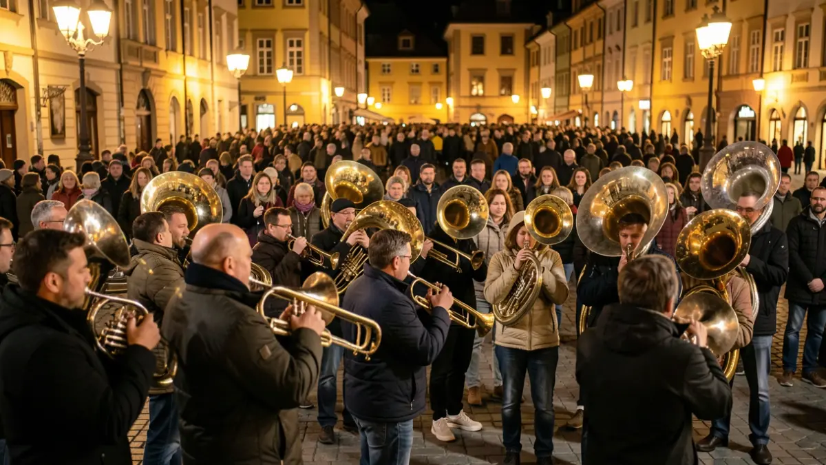 Generic image of a band performance in a public square at night.