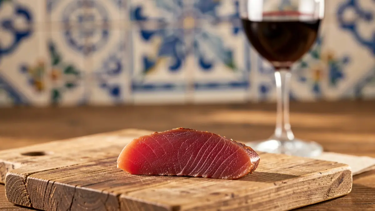Close-up of tuna mojama with a glass of wine.
