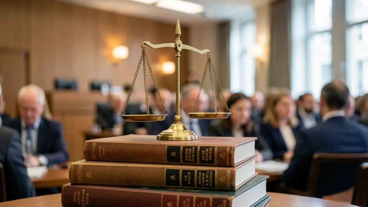Generic image of a scale of justice on legal books in a courtroom.