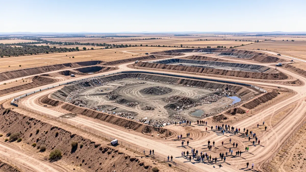 Aerial view of a large landfill in an arid landscape.