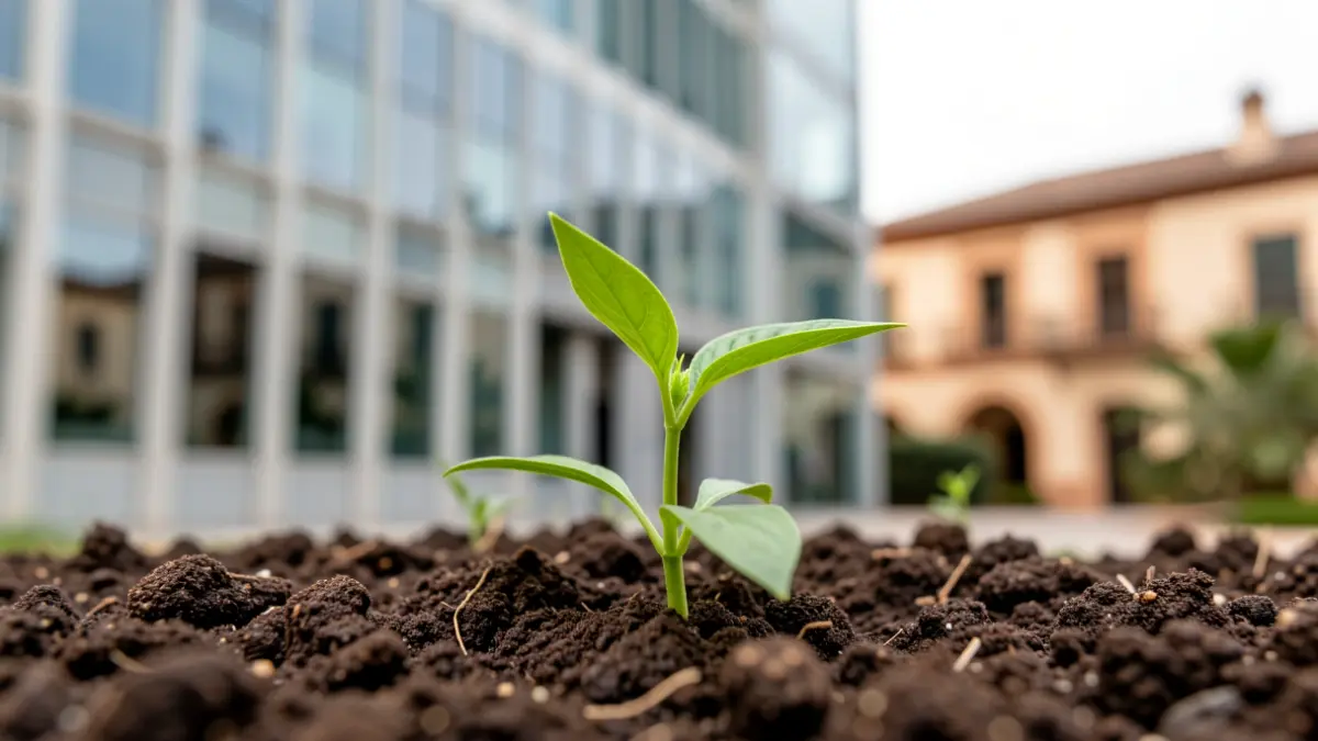 Planta joven creciendo en tierra fértil, con un edificio de oficinas moderno y arquitectura andaluza al fondo.