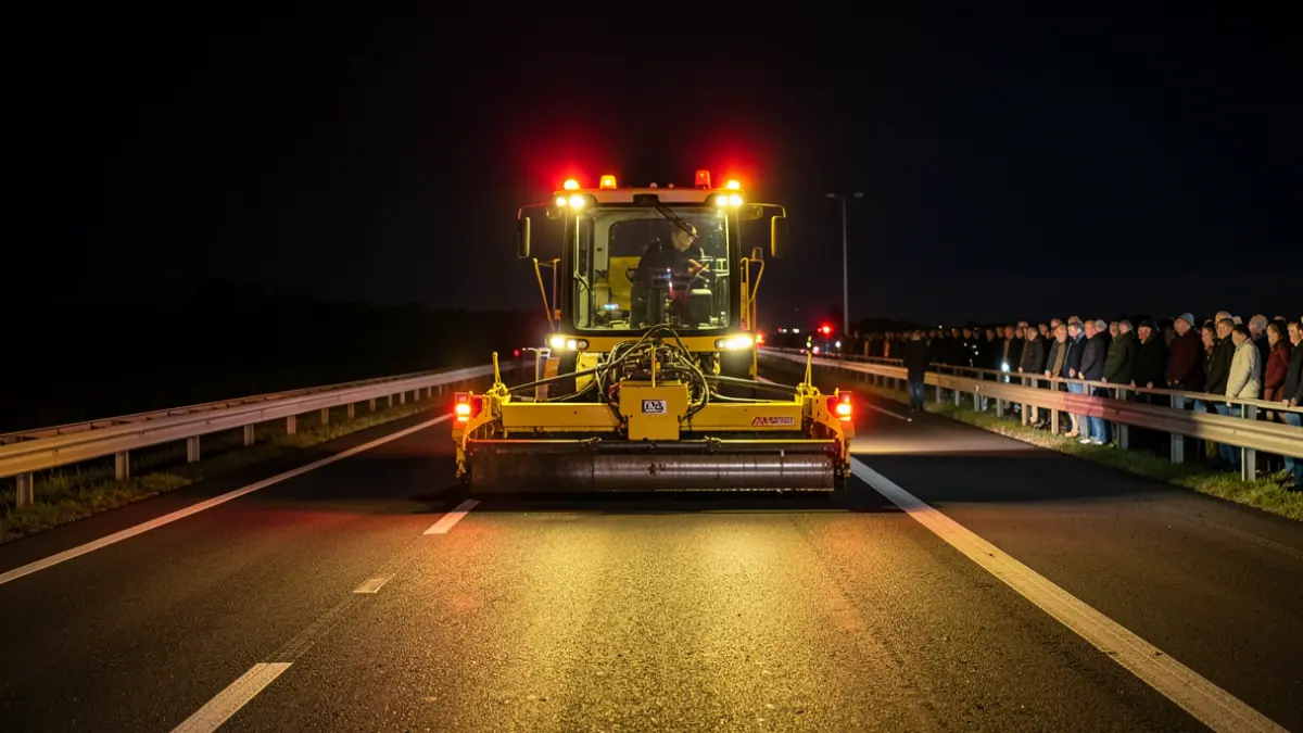Máquina de asfaltado trabajando en una autovía de noche.