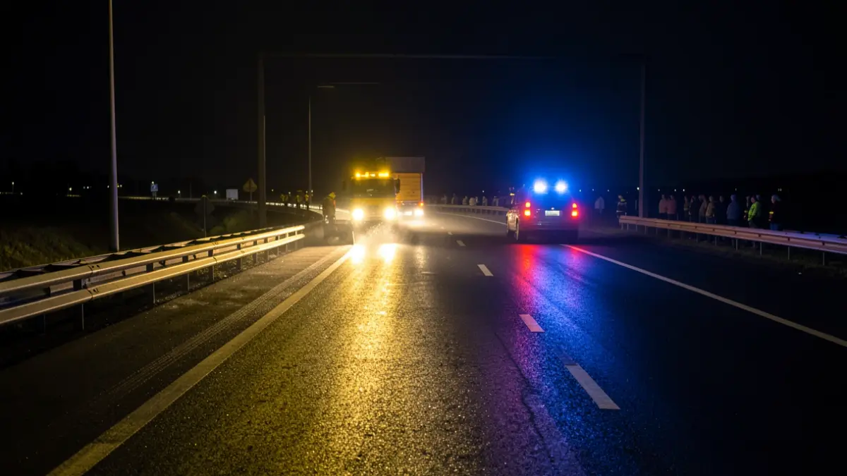Generic image of nighttime road construction with emergency lights.