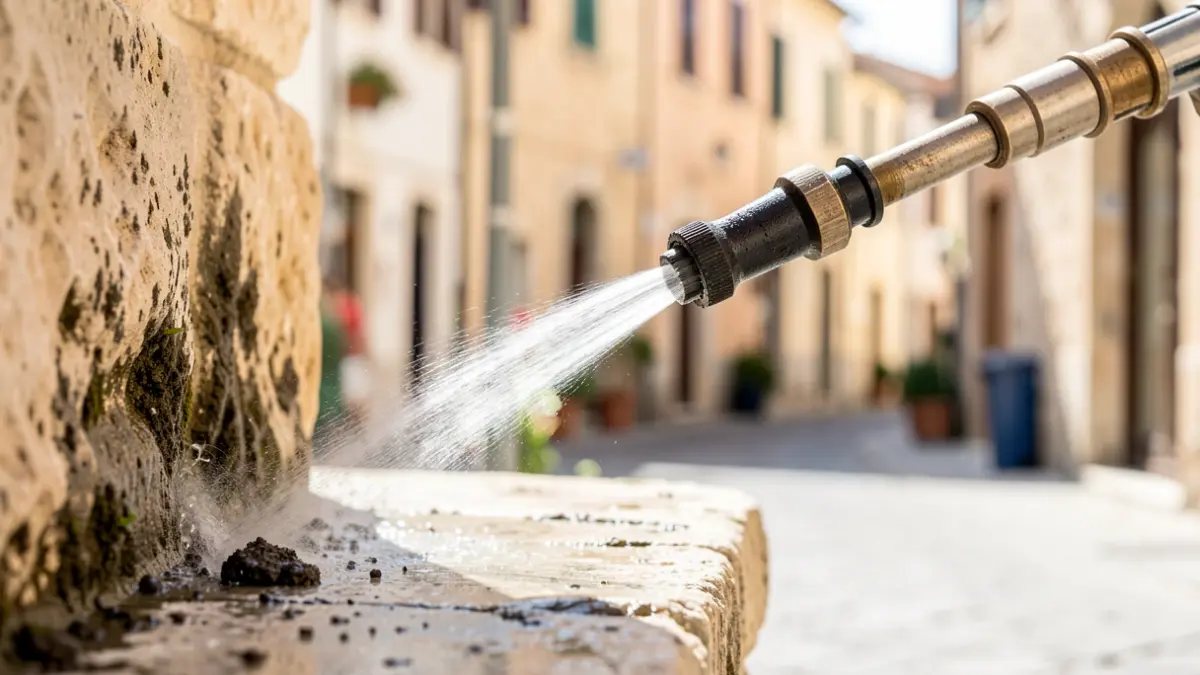 Special high-pressure cleaning machine removing tough stains from a stone surface in Almería.