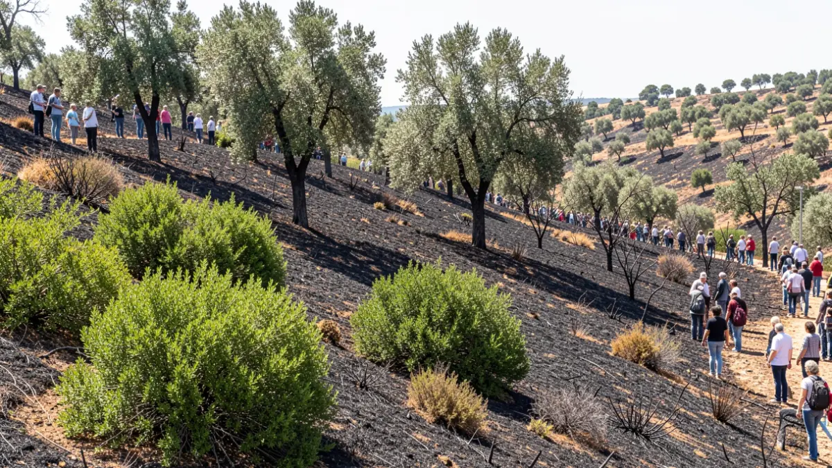 Ladera de la Fuente de la Bicha en Granada renaciendo tras un incendio, con vegetación verde y encinas rebrotando.